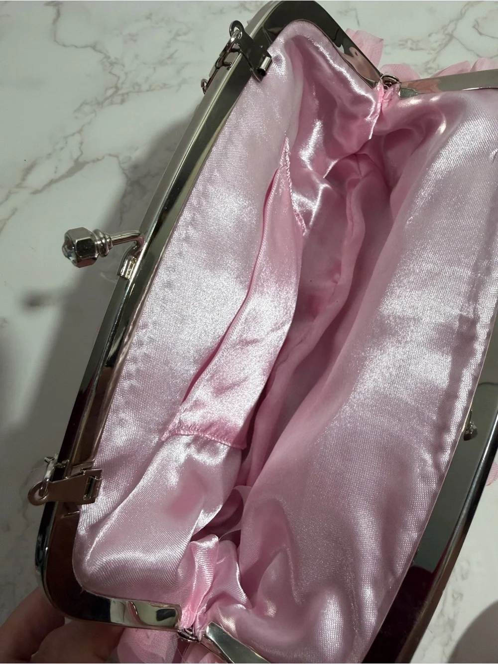 Pink Ruffle Evening Clutch/Crossbody Crystal Embellished Kiss-Lock Handbag